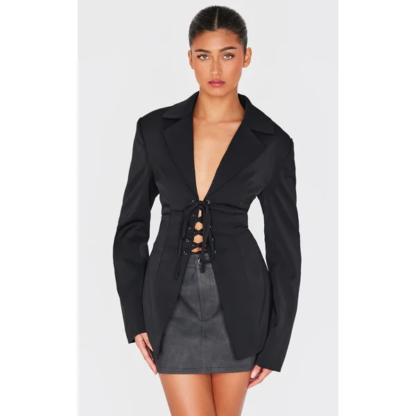 Black Lace Up Tie Front Blazer