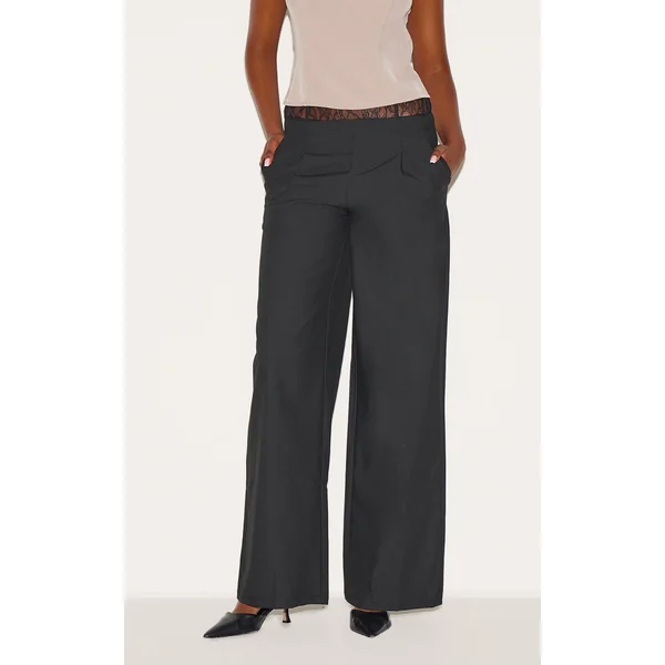 Black Lace Waist Detail Woven Wide Leg Pants