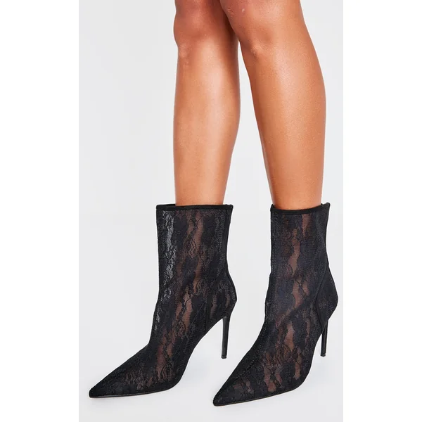 Black Lace Wide Fit Point Toe Stiletto Heel Ankle Boot