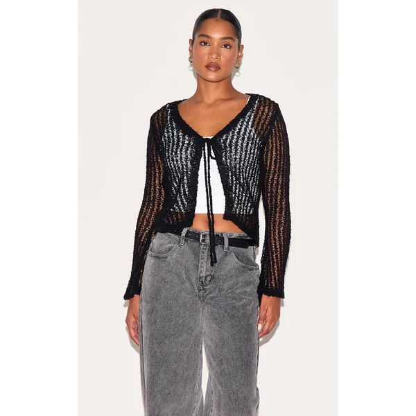 Black Ladder Knit Sheer Cropped Tie Front Top