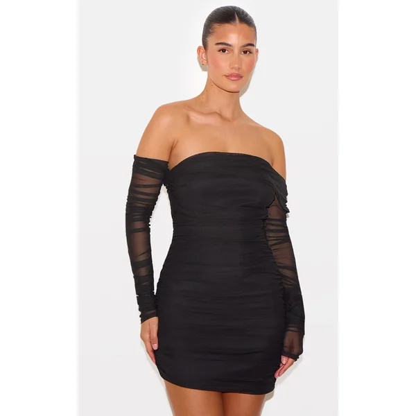 Black Layered Mesh Asymmetric Long Sleeve Mini Dress