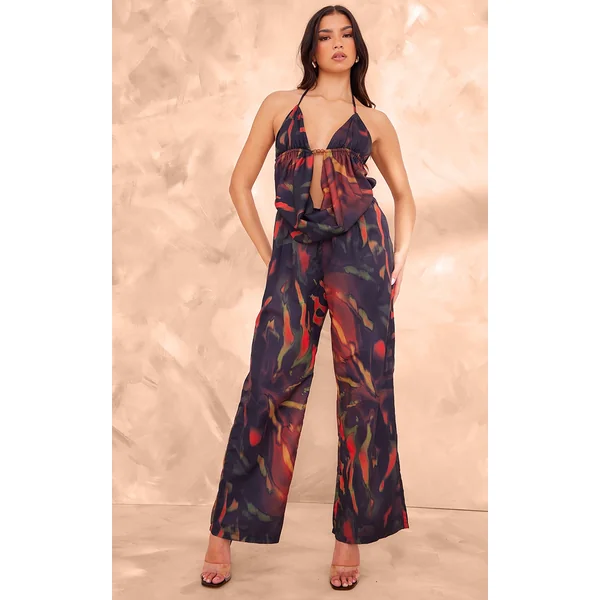 Black Leaf Printed Cowel Detail Halter Neck Jumpsuit