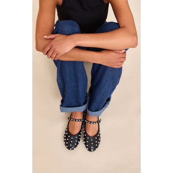 Black Leather Ballet Pump With Stud Detail