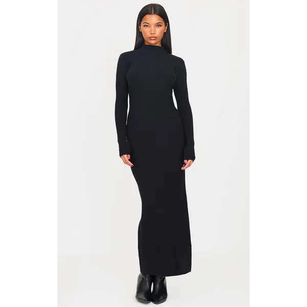 Black Light Rib Knit Long Sleeve Maxi Dress