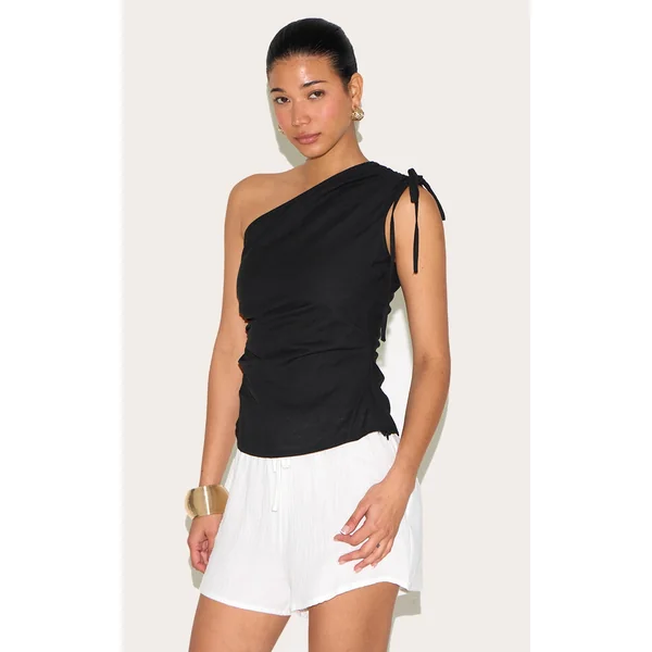 Black Lightweight Woven Ruched Asymmetric Long Top