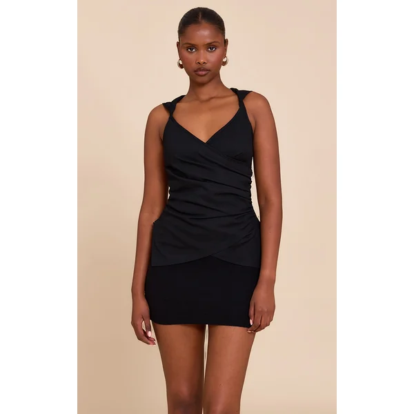 Black Lightweight Woven Ruched Wrap Front Top