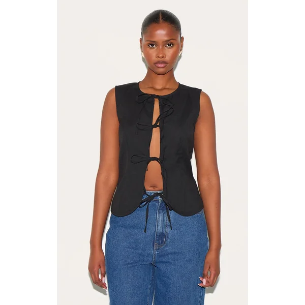 Black Lightweight Woven Tie Front Vest