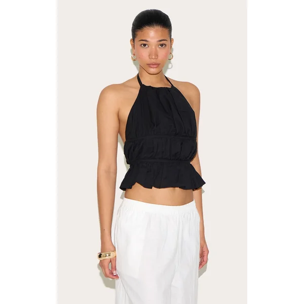 Black Lightweight Woven Tiered Tie Back Long Top
