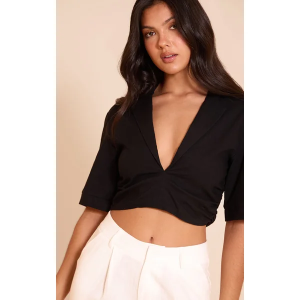 Black Lightweight Woven Twist Cropped Shirt