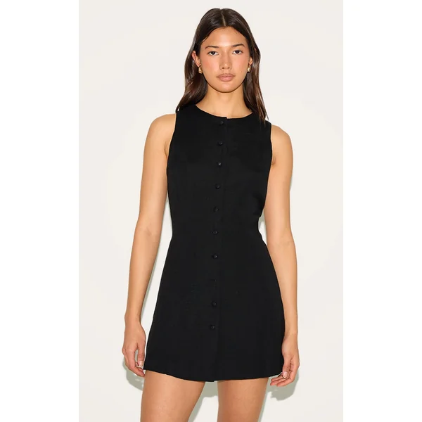 Black Linen A Line Cinched Back Skort Romper