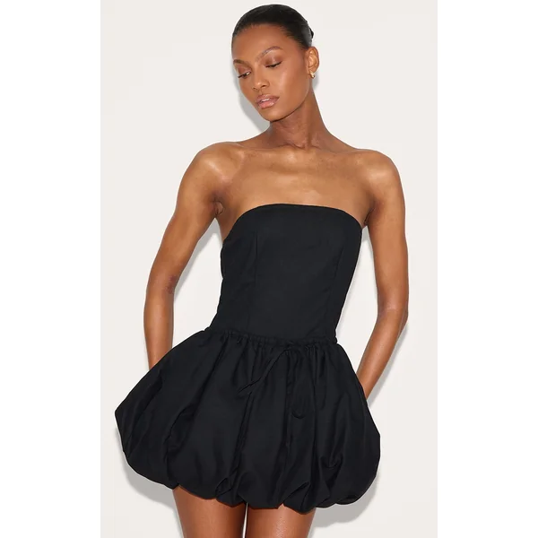 Black Linen Bandeau Tie Waist Puffball Dress
