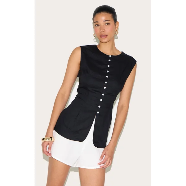 Black Linen Blend Button Vest