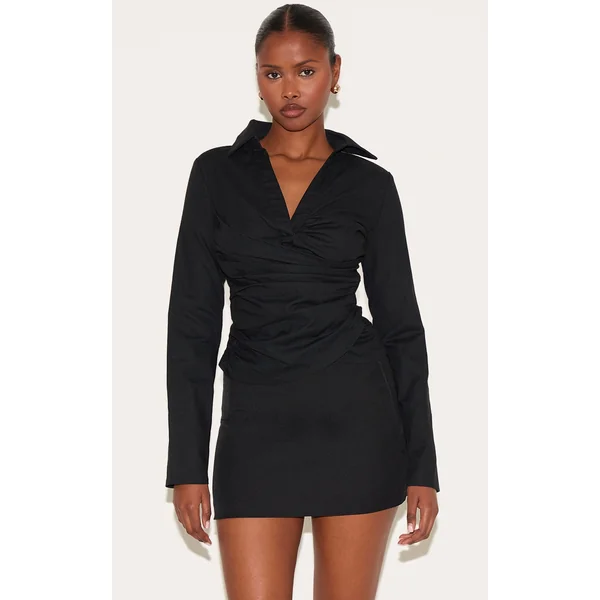 Black Linen Blend Fitted Wrap Detail Shirt