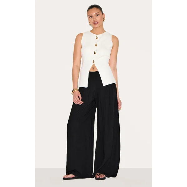 Black Linen Blend Floaty Pin Tuck Wide Leg Pants