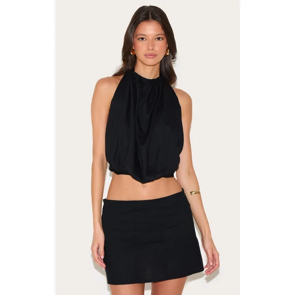 Black Linen Blend Highneck Backless Puffball Top