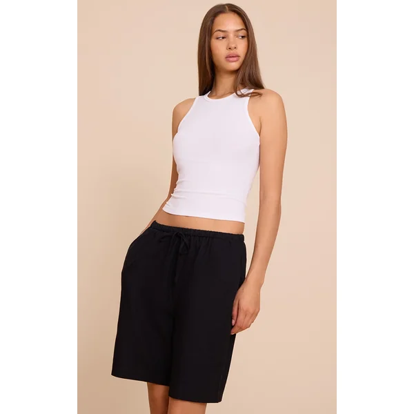 Black Linen Blend Longline Shorts