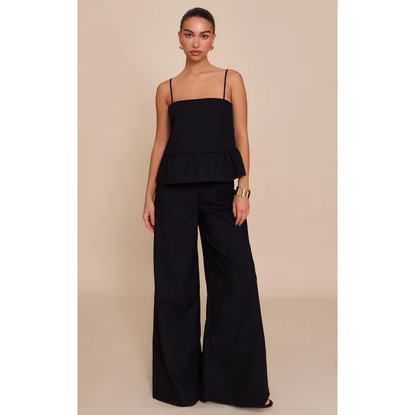 Black Linen Blend Peplum Detail Overlay Jumpsuit
