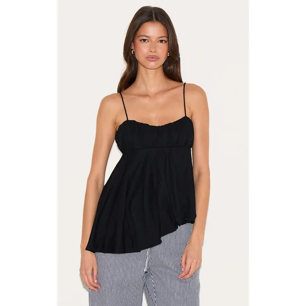 Black Linen Blend Puff Ball Asymmetric Cami