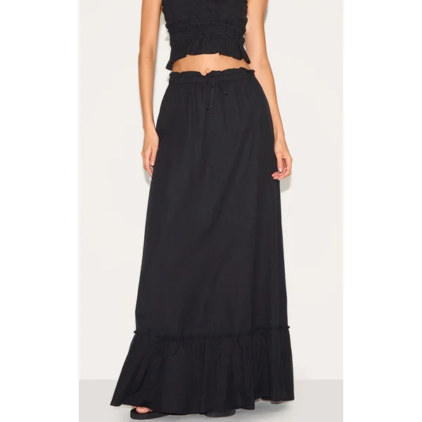 Black Linen Blend Shirred Waist Maxi Skirt