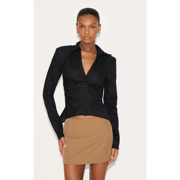 Black Linen Blend Shoulder Padded Fitted Shirt