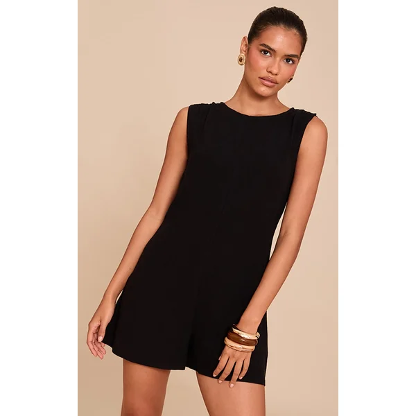 Black Linen Blend Slouchy Boat Neck Romper