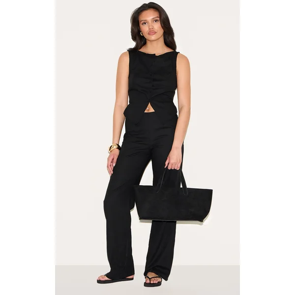 Black Linen Blend Vest Detail Straight Leg Jumpsuit