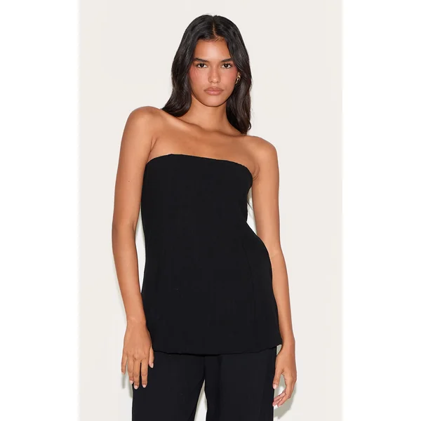 Black Linen Look Bandeau Long Line Top