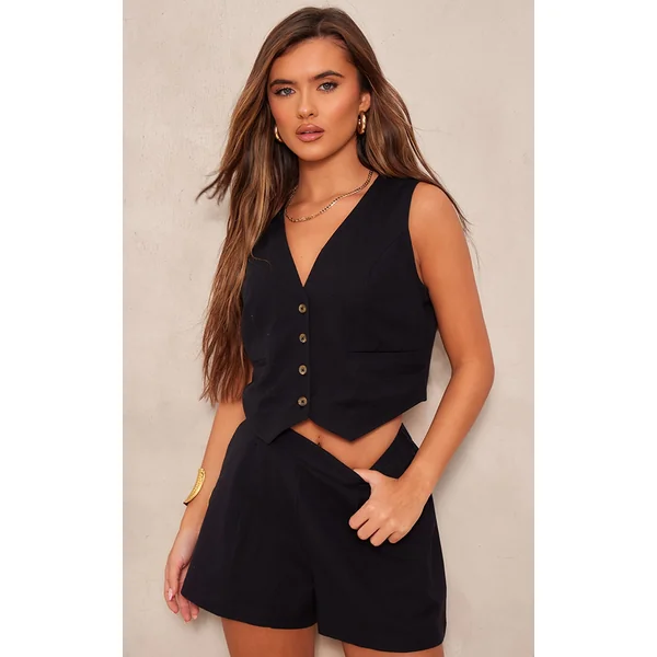 Black Linen Look Boxy Detail Vest