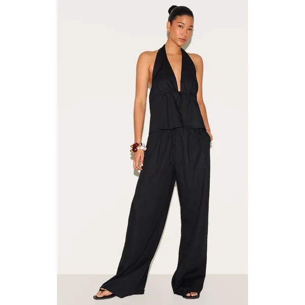 Black Linen Look Drawstring Wide Leg Pants