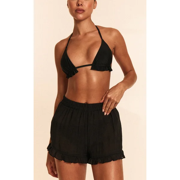 Black Linen Look Frill Edge Shorts