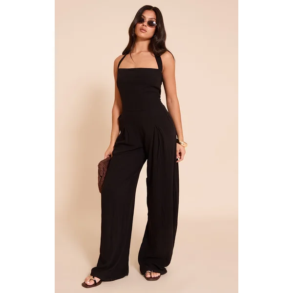 Black Linen Look Halter Neck Wide Leg Jumpsuit
