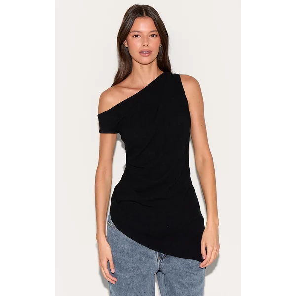 Black Linen Look One Shoulder Asymmetric Top