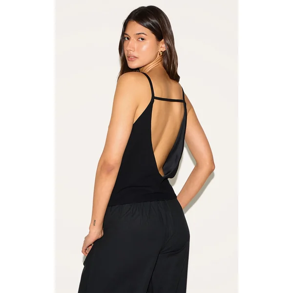 Black Linen Look Open Back Cami Top
