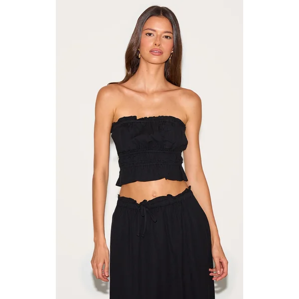 Black Linen Look Shirred Bandeau Top