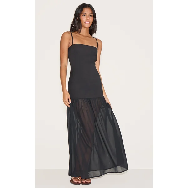 Black Linen Look Strappy Dropped Waist Maxi Dress