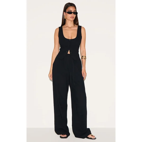 Black Linen Look Tailored Draw String Wide Leg Pant