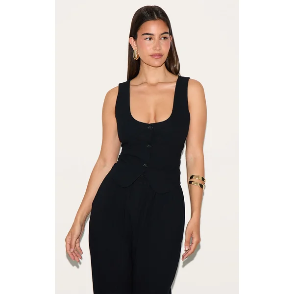 Black Linen Look Tailored Scoop Neck Fitted Vest
