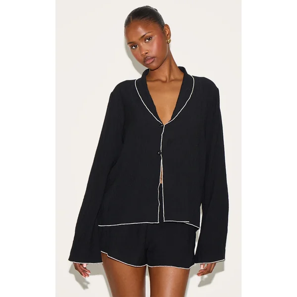 Black Linen Look Textured Contrast Trim Floaty Shorts