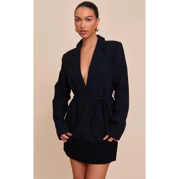 Black Linen Look Tie Waist Blazer
