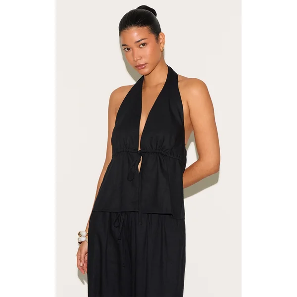 Black Linen Look Tie Waist Longline Top
