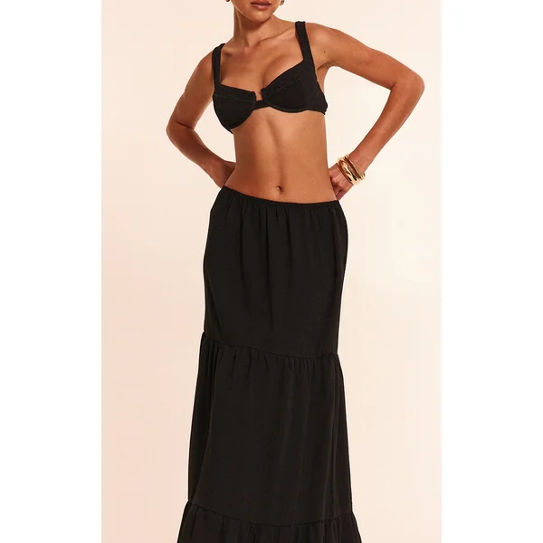 Black Linen Look Tiered Maxi Beach Skirt