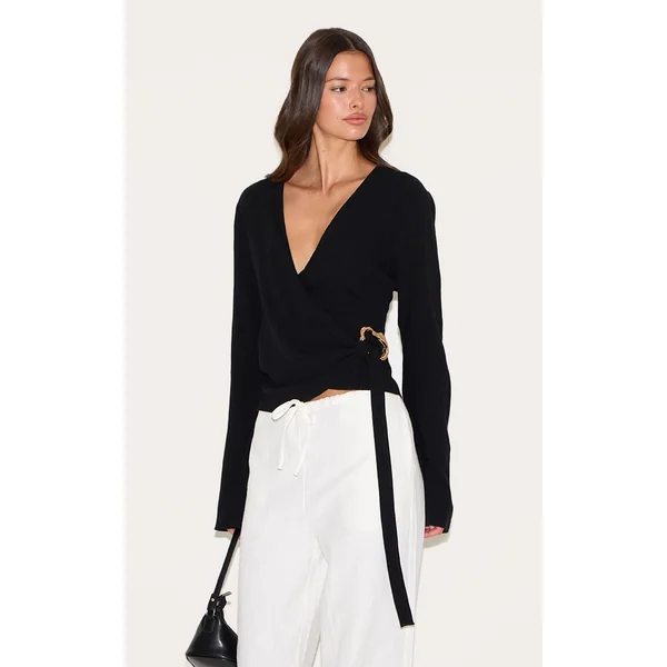 Black Linen Look Wrap Trim Tie Top