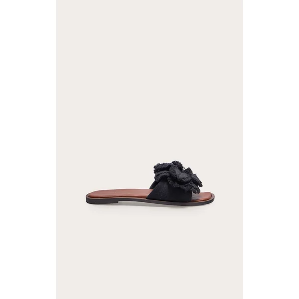 Black Linen Round Toe Flower Strap Mule Sandals