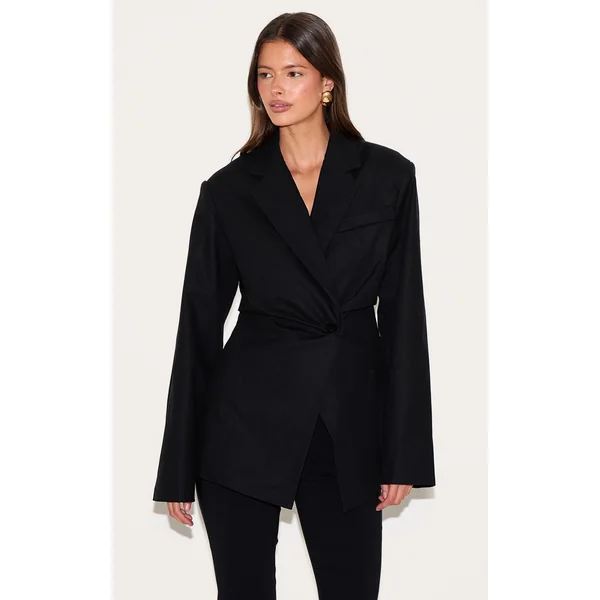Black Linen Tailored Cinched Waist Blazer