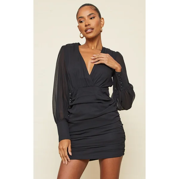 Black Long Sleeve Chiffon Ruched Bodycon Dress