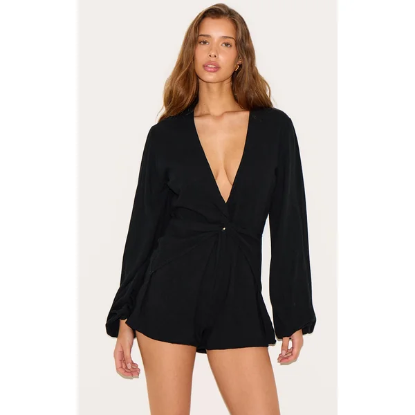Black Long Sleeve Plunge Twist Detail Romper