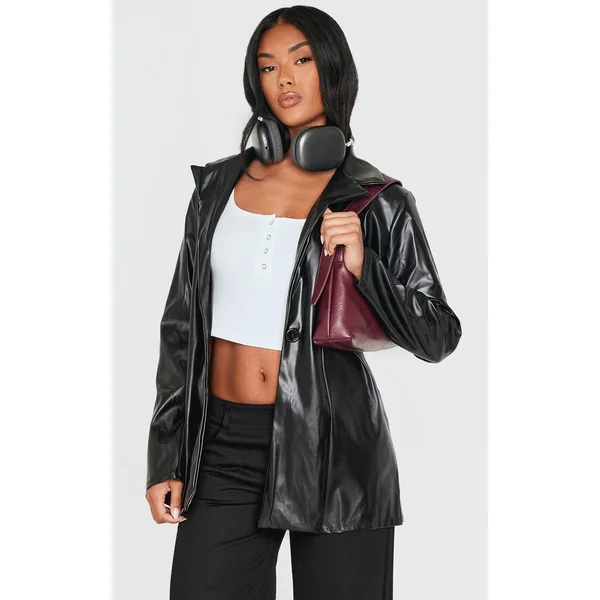 Black Longline Lapel Detail Faux Leather Blazer