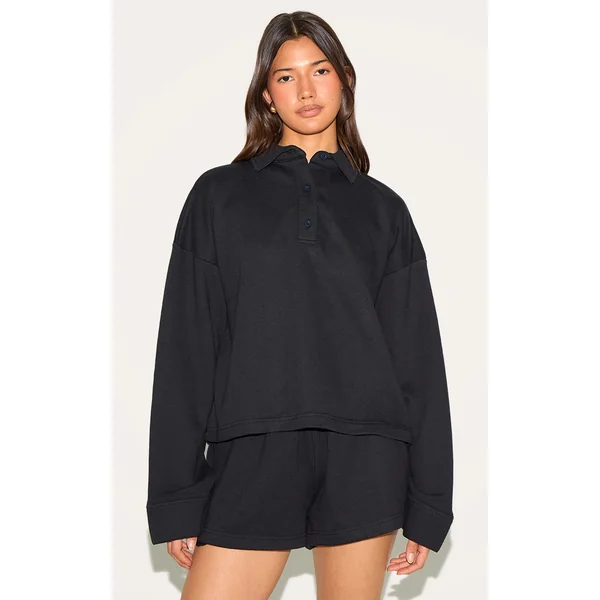 Black Loopback Oversized Polo Detail Sweatshirt