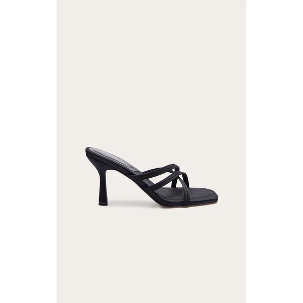 Black Lycra Square Toe Cross Strap Heeled Mules