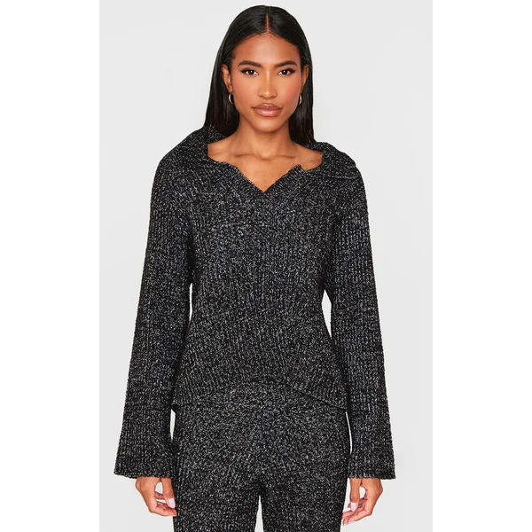 Black Marl Knit V Neck Oversized Sweater